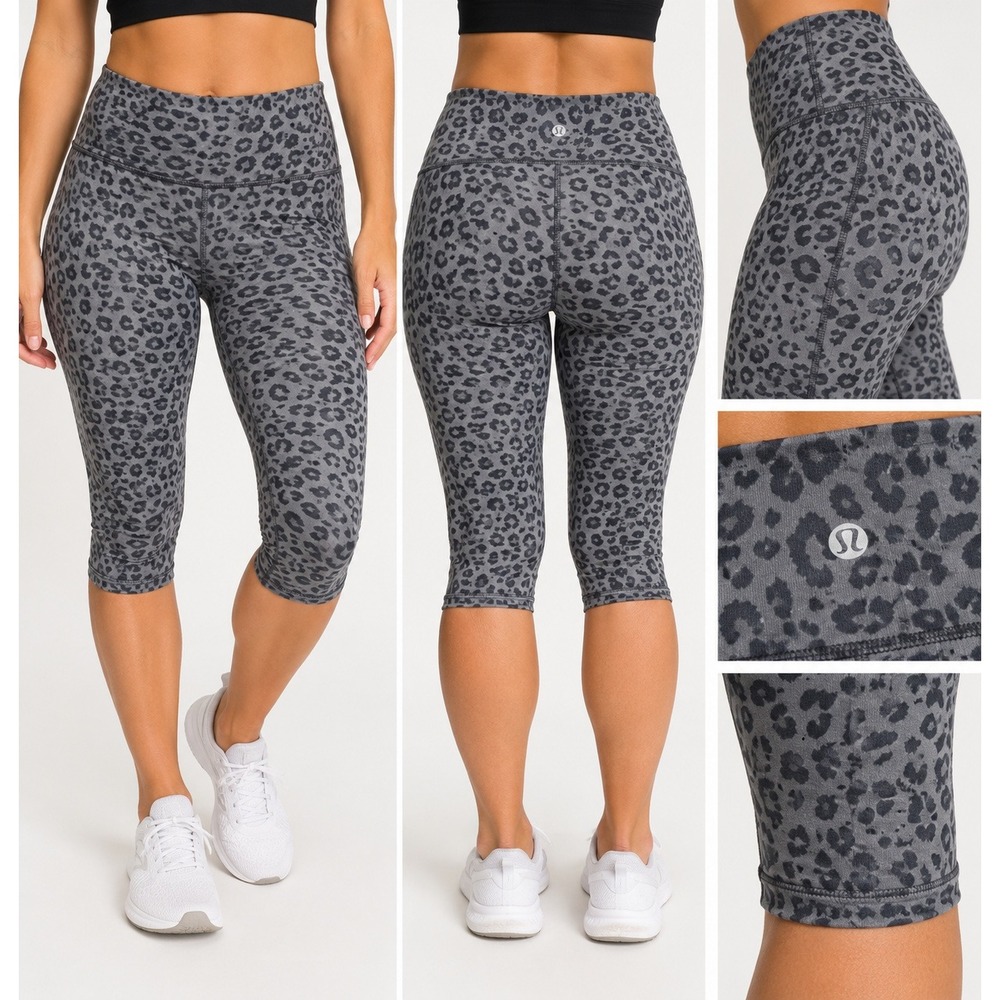 Lululemon Wunder Under Crop Leggings Women's 8 Grey Black Leopard 21"